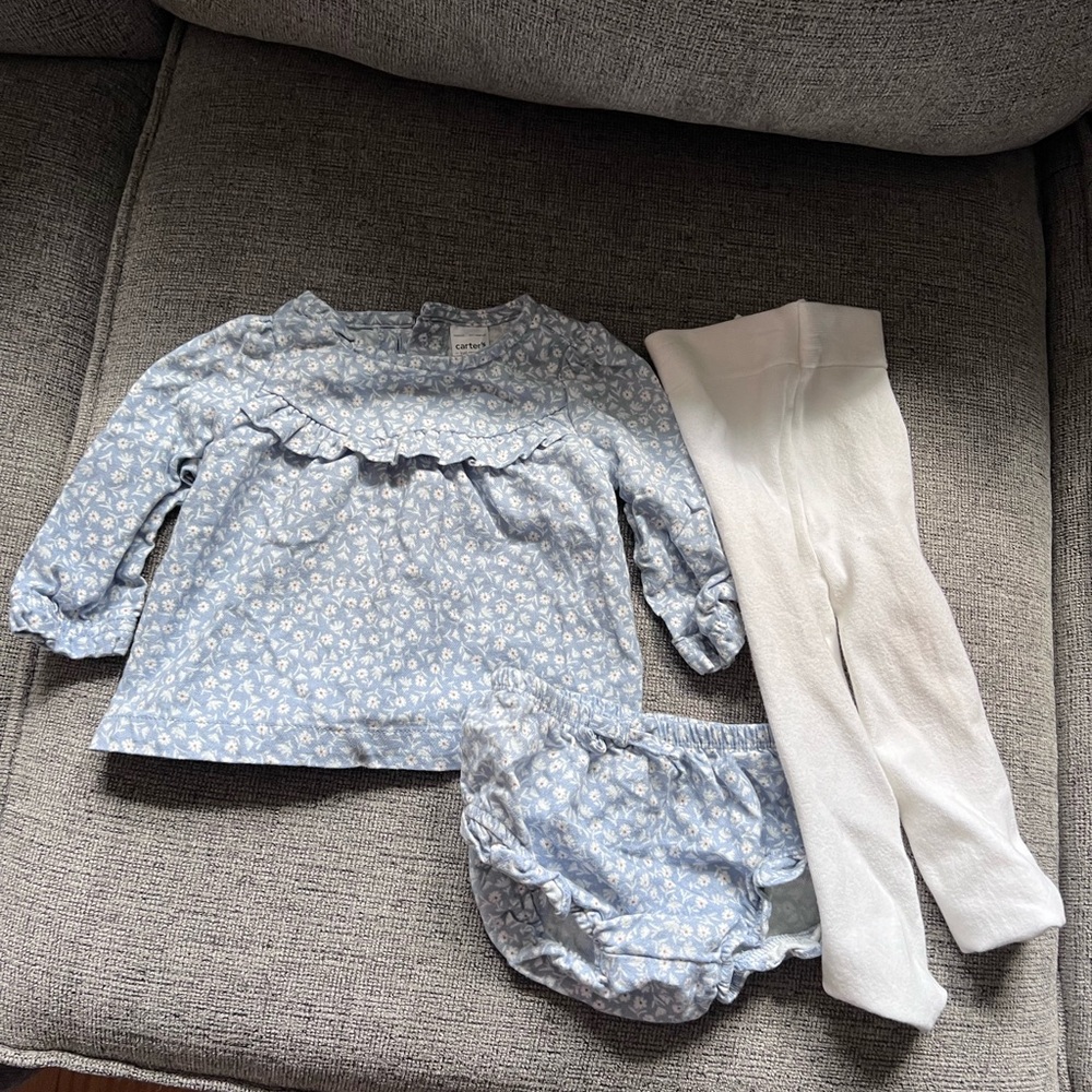 Blue Floral Dress, Bloomers and Tights Set, Size: 6 M